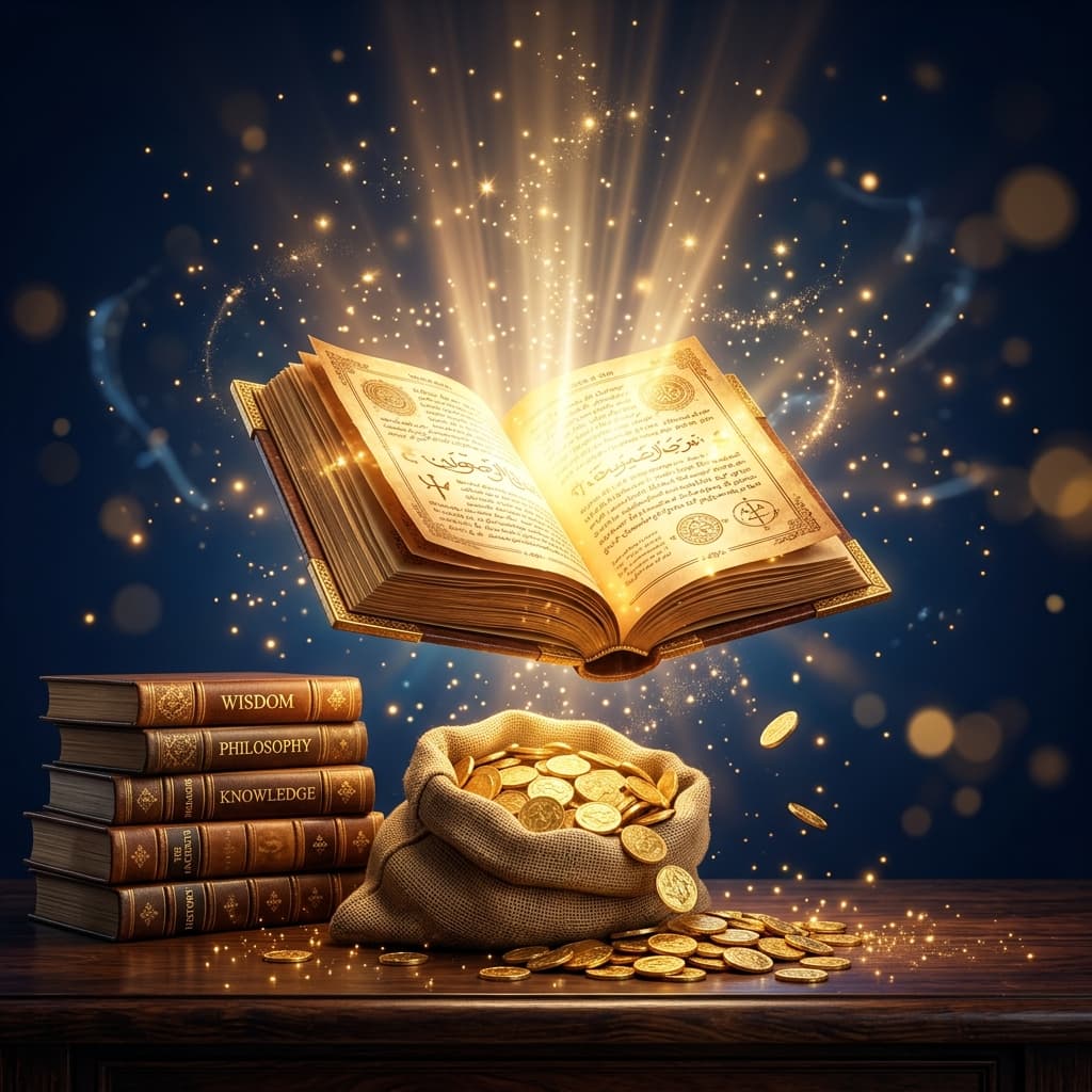 Book of knowledge and sack of treasure gold coins
